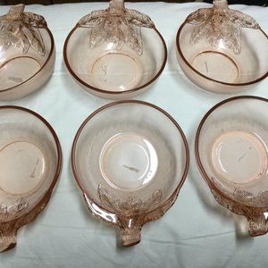 Six Perfect Vintage KIG Light Pink Fruit/Dessert/Candy Bowls With Leaf Handles